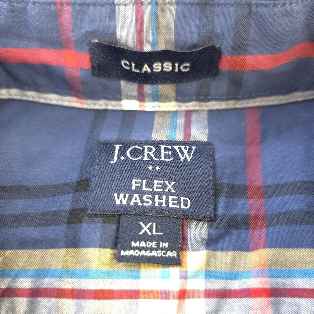 J Crew Flex Washed Shirt XL Blue Plaid Long Sleeve Button Down‎ Classic Stretch